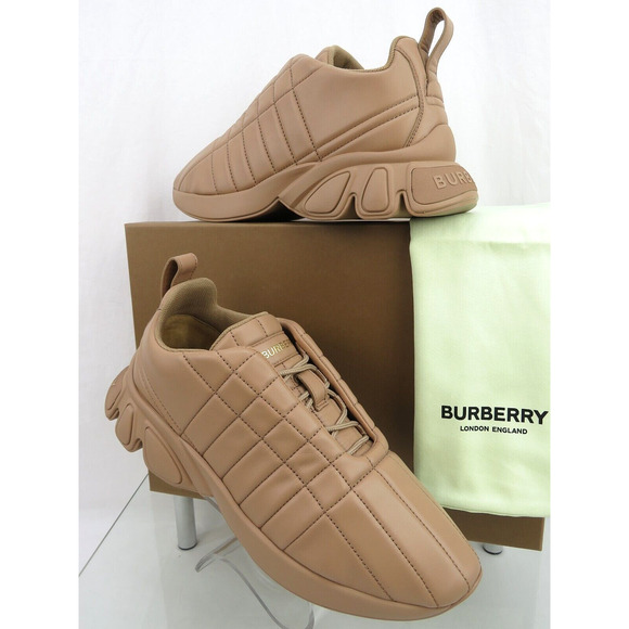 $850 BURBERRY AXBURTON BISCUIT TAN CHECK QUILTED LEATHER LOGO SNEAKERS 8 US 41 - Picture 2 of 12